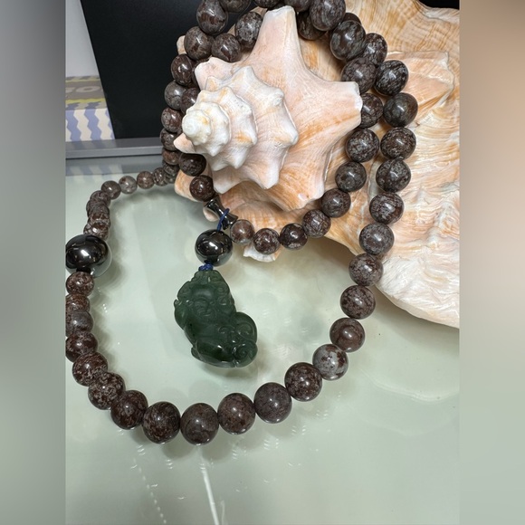 BROWN SNOWFLAKES OBSIDIAN + HEMATITE + PIXIU NATURAL NECKLACE - Picture 3 of 16